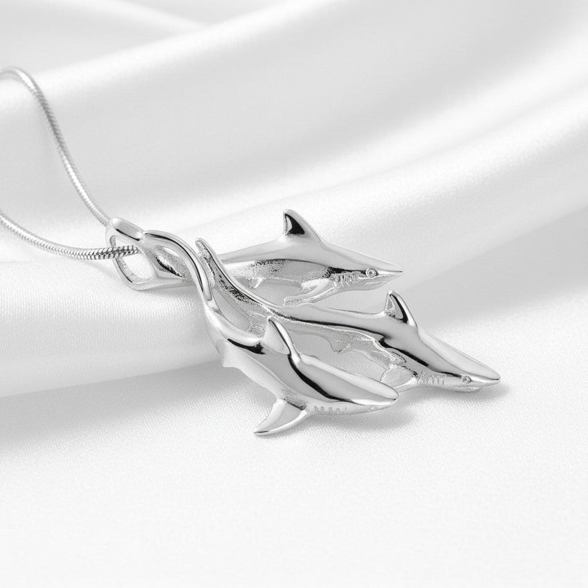 Grey Reef Sharks Trio Necklace - Ocean In Motion Collection - Sterling Silver