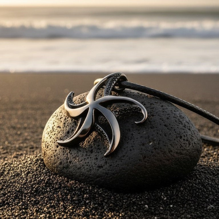 Starfish Necklace - "Starry" - Jet Black Finish on Cord