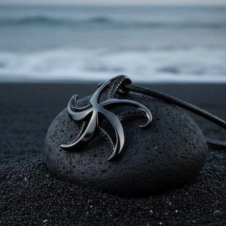 Starfish Necklace - "Starry" - Jet Black Finish on Cord