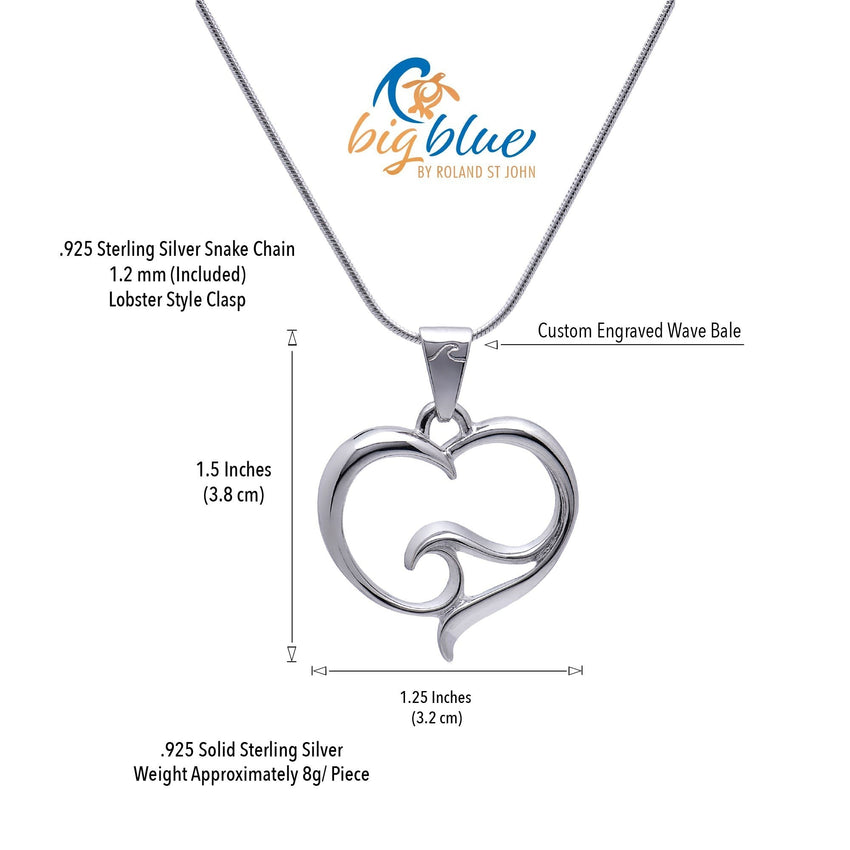 Pendant and Necklace – Ocean Wave Heart Collection - Sterling Silver on Snake Chain