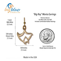 Manta Ray Drop Earrings – "Big Ray" Design – Bronze