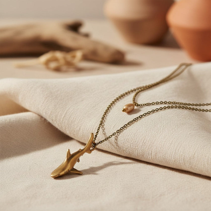Shark Pendant on Layered Chains Necklace – Ocean Breeze Collection – Bronze