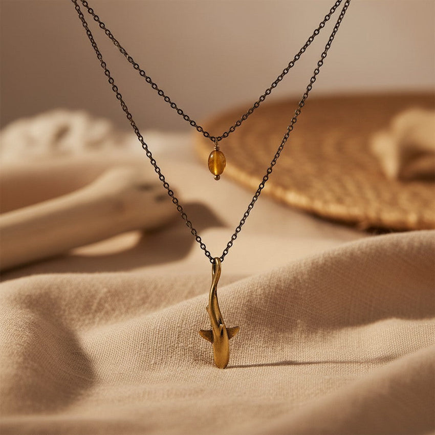 Shark Pendant on Layered Chains Necklace – Ocean Breeze Collection – Bronze