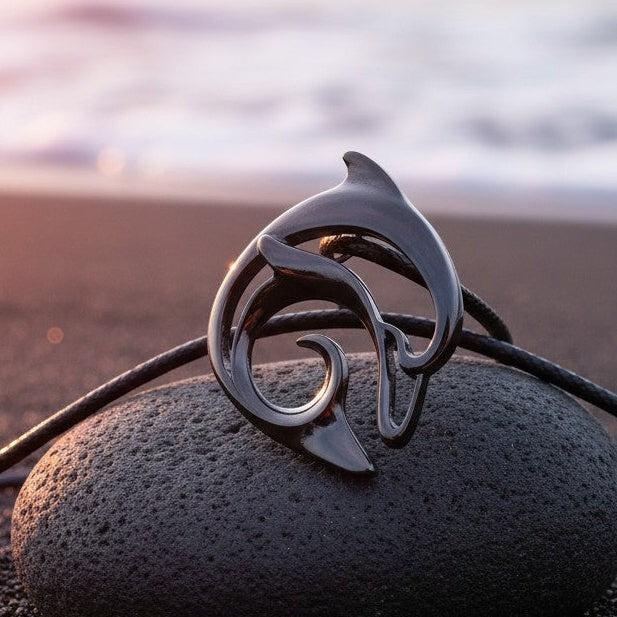 Dolphin Pendant Necklace – "Flipper" - Jet Black Finish on Black Cord