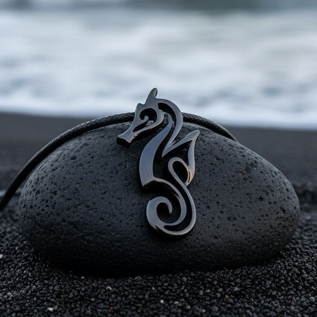 Seahorse Pendant Necklace – "Polo" - Jet Black Finish