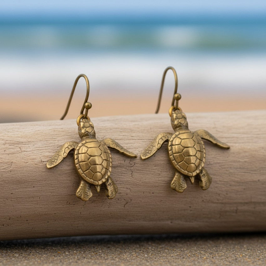Hatchling Baby Sea Turtle Drop Earrings – Sealife Collection – Bronze