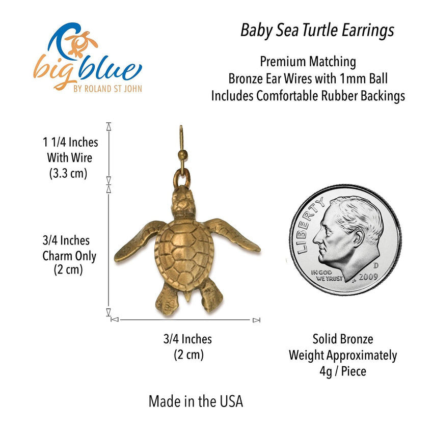 Hatchling Baby Sea Turtle Drop Earrings – Sealife Collection – Bronze