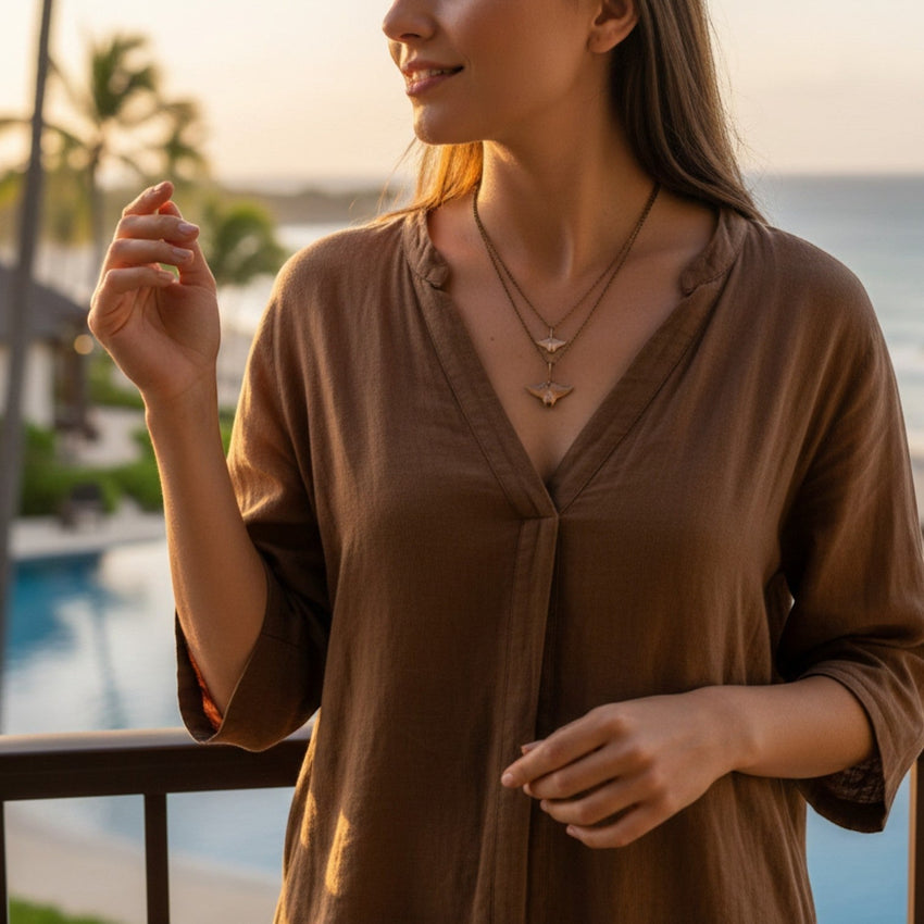 Manta Ray Pendants on Layered Chains Necklace – Ocean Breeze Collection - Bronze