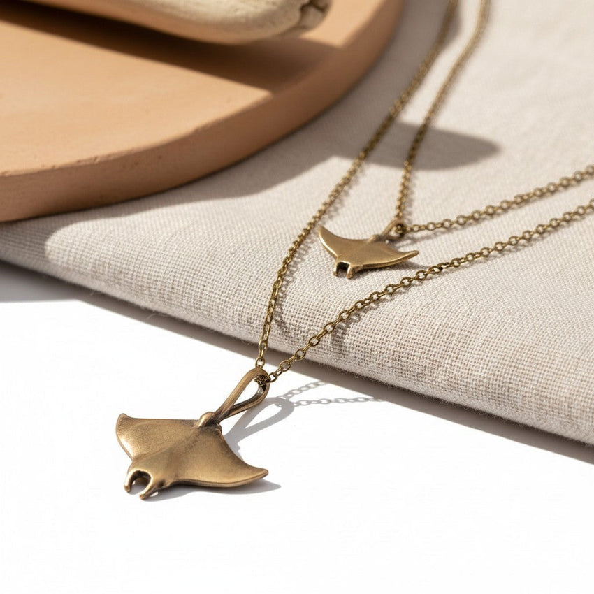 Manta Ray Pendants on Layered Chains Necklace – Ocean Breeze Collection - Bronze