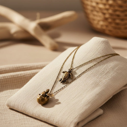 Sea Turtles Pendants on Layered Chains Necklace – Ocean Breeze Collection - Bronze