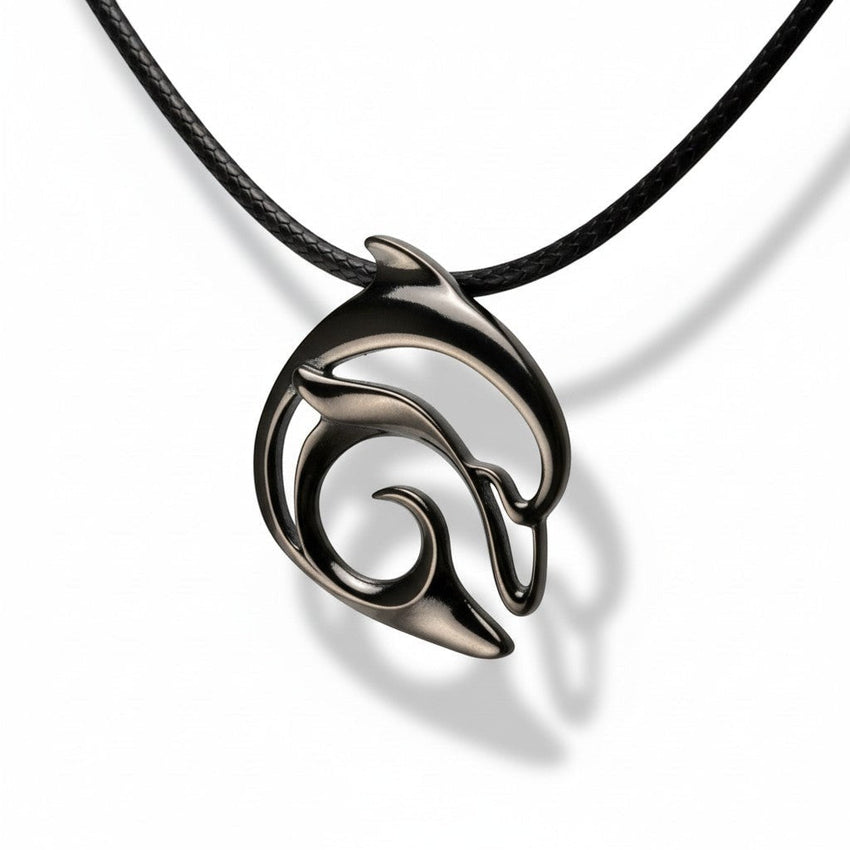 Dolphin Pendant Necklace – "Flipper" - Jet Black Finish on Black Cord