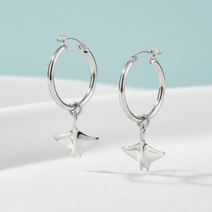 Manta Ray Drop Hoop Earrings – Sealife Collection – Sterling Silver