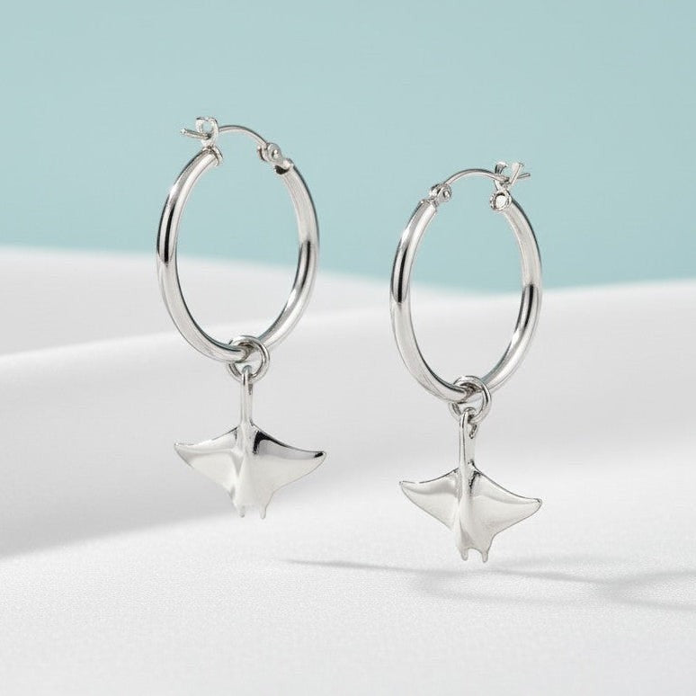 Manta Ray Drop Hoop Earrings – Sealife Collection – Sterling Silver